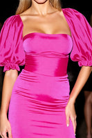 Load image into Gallery viewer, Fuchsia Bodycon Satin Short Prom Dress with Sleeves