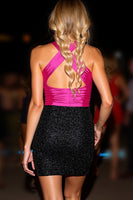 Load image into Gallery viewer, Sparkly Black and Fuchsia Halter Keyhole Bodycon Short Prom Dress