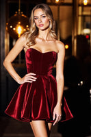Load image into Gallery viewer, Burgundy Velvet Corset A Line Short Prom Dress