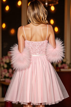 Sparkly Blush Sequin Corset Short Prom Dress with Feathers