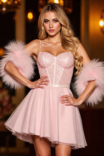 Sparkly Blush Sequin Corset Short Prom Dress with Feathers