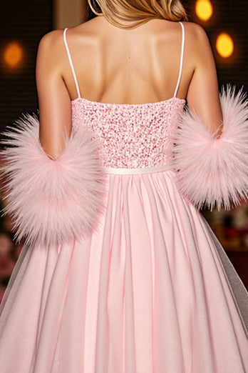 Sparkly Blush Sequin Corset Short Prom Dress with Feathers