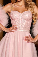 Load image into Gallery viewer, Sparkly Blush Sequin Corset Short Prom Dress with Feathers
