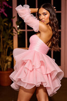 Load image into Gallery viewer, Pink A Line Ruffled Corset Short Prom Dress with Sleeves