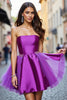 Load image into Gallery viewer, Dark Purple A Line Satin Strapless Short Prom Dress with Beading
