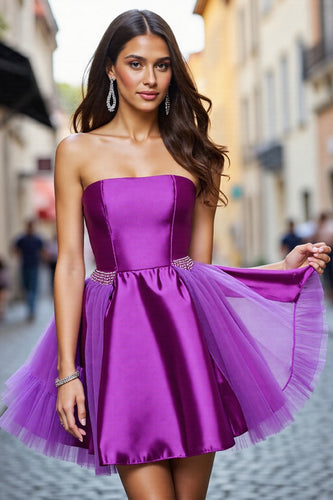 Dark Purple A Line Satin Strapless Short Prom Dress with Beading