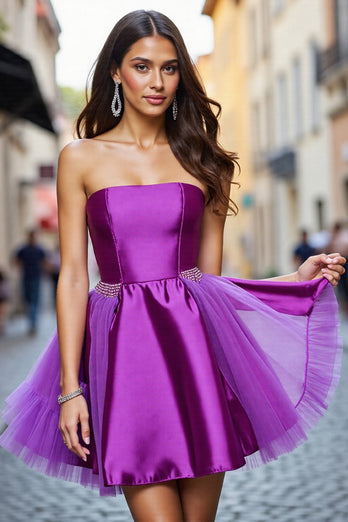 Dark Purple A Line Satin Strapless Short Prom Dress with Beading