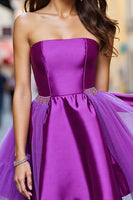 Load image into Gallery viewer, Dark Purple A Line Satin Strapless Short Prom Dress with Beading
