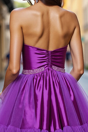 Dark Purple A Line Satin Strapless Short Prom Dress with Beading