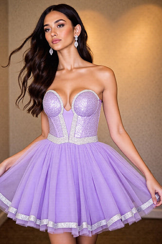 Sparkly Purple Sequin A Line Corset Short Prom Dress