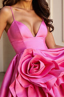 Load image into Gallery viewer, Fuchsia Satin A Line Short Prom Dress with Flower