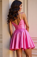 Load image into Gallery viewer, Fuchsia Satin A Line Short Prom Dress with Flower