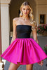 Load image into Gallery viewer, Black and Fuchsia Satin Strapless A Line Short Prom Dress