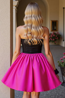 Black and Fuchsia Satin Strapless A Line Short Prom Dress