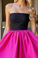 Load image into Gallery viewer, Black and Fuchsia Satin Strapless A Line Short Prom Dress