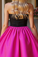 Load image into Gallery viewer, Black and Fuchsia Satin Strapless A Line Short Prom Dress
