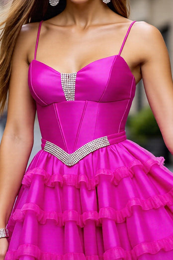 Fuchsia Corset Ruffled Short Prom Dress with Beading