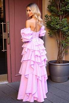 Sparkly Pink Sequin High-Low Prom Dress with Ruffles