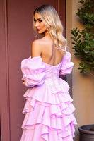 Load image into Gallery viewer, Sparkly Pink Sequin High-Low Prom Dress with Ruffles