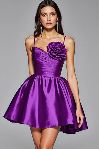 Dark Purple Floral A Line Satin Short Prom Dress