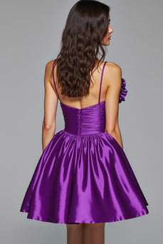 Dark Purple Floral A Line Satin Short Prom Dress