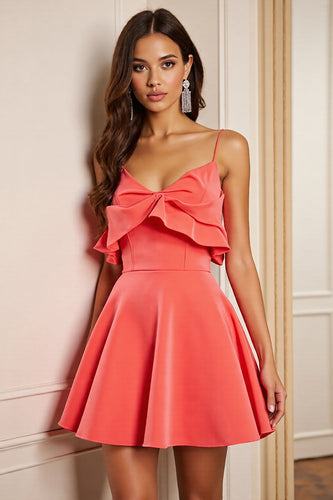 Orange Satin Corset Spaghetti Straps Short Prom Dress with Ruffles