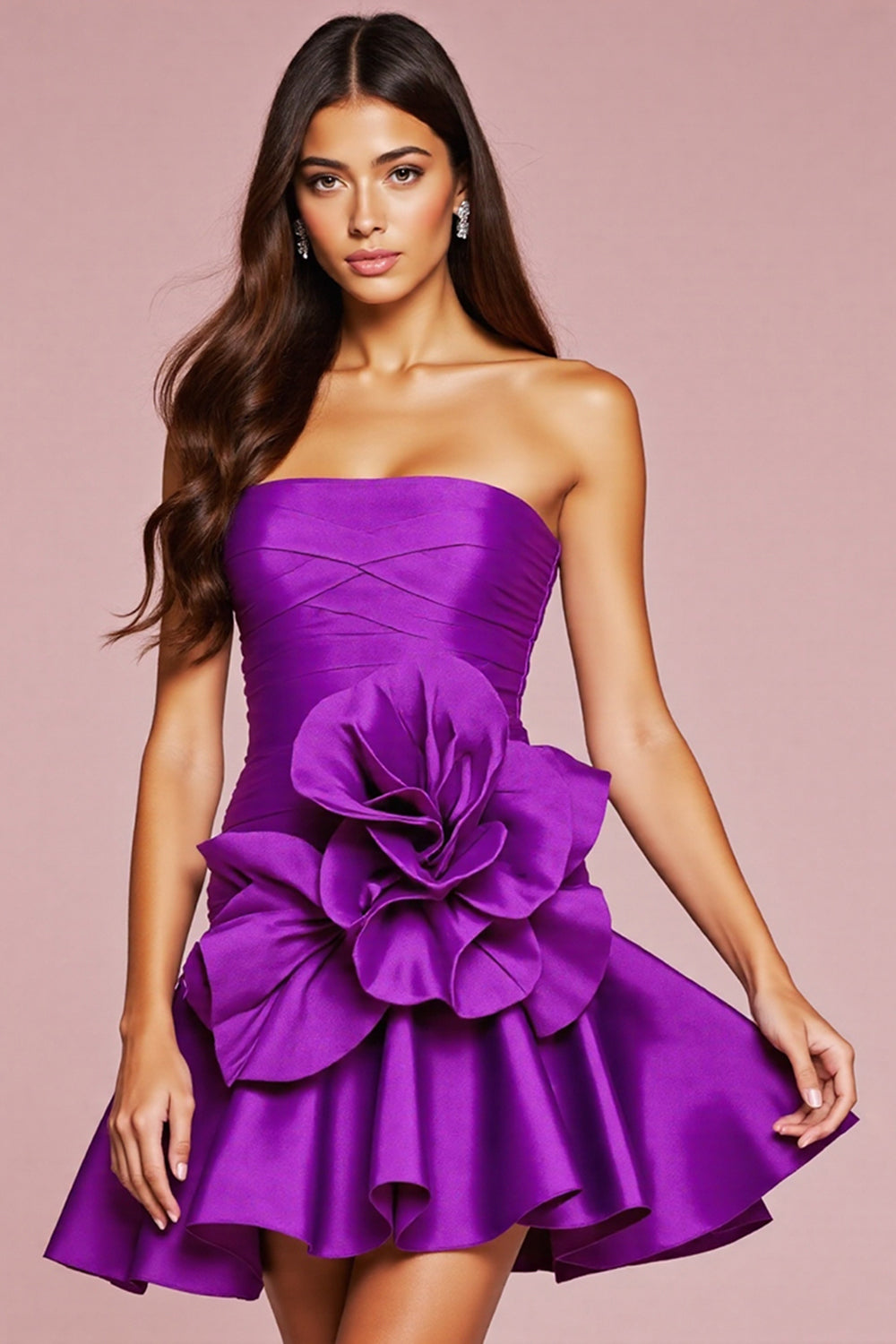 Dark Purple Strapless Satin Short Prom Dress with 3D Flower