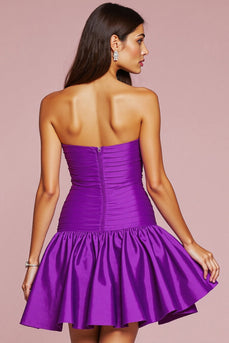Dark Purple Strapless Satin Short Prom Dress with 3D Flower
