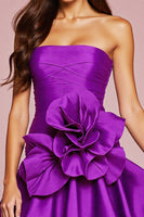 Load image into Gallery viewer, Dark Purple Strapless Satin Short Prom Dress with 3D Flower