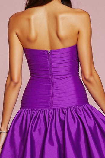 Dark Purple Strapless Satin Short Prom Dress with 3D Flower