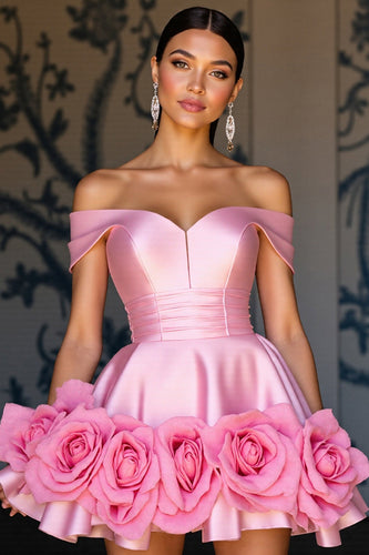 Pink Satin A Line Floral Short Prom Dress