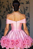 Load image into Gallery viewer, Pink Satin A Line Floral Short Prom Dress