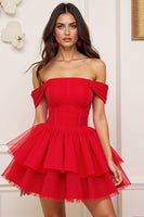 Load image into Gallery viewer, Red A Line Tulle Tiered Corset Short Prom Dress with Ruffles