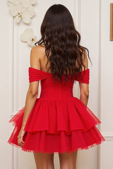 Red A Line Tulle Tiered Corset Short Prom Dress with Ruffles