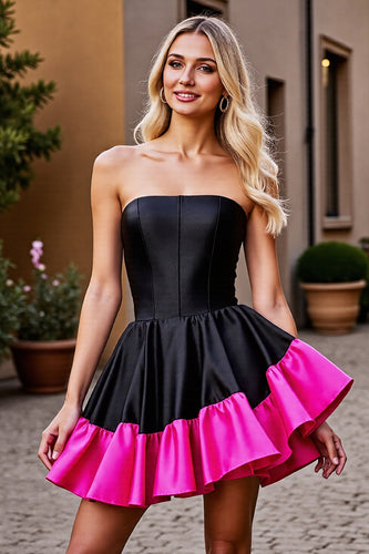 Black and Fuchsia Satin Corset Strapless Short Prom Dress