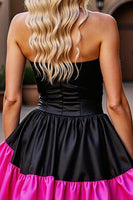 Load image into Gallery viewer, Black and Fuchsia Satin Corset Strapless Short Prom Dress