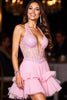 Load image into Gallery viewer, Sparkly Pink Corset Tulle Short Prom Dress with Ruffles