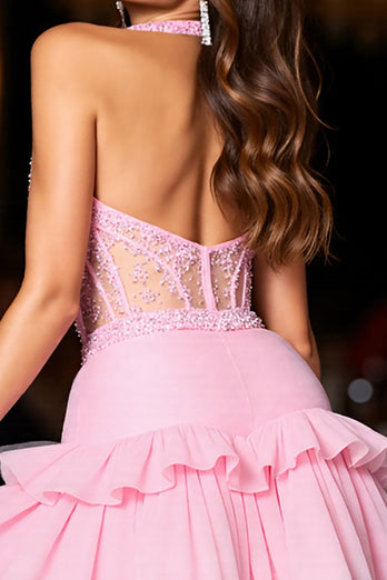 Sparkly Pink Corset Tulle Short Prom Dress with Ruffles