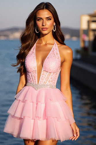 Sparkly Pink Ruffled Corset Tulle Short Prom Dress with Rhinestones
