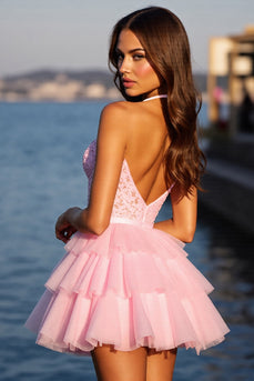 Sparkly Pink Ruffled Corset Tulle Short Prom Dress with Rhinestones
