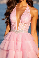 Load image into Gallery viewer, Sparkly Pink Ruffled Corset Tulle Short Prom Dress with Rhinestones