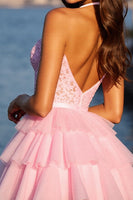 Load image into Gallery viewer, Sparkly Pink Ruffled Corset Tulle Short Prom Dress with Rhinestones