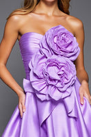 Load image into Gallery viewer, Purple Strapless Satin Short Prom Dress with 3D Flowers