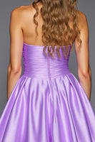 Load image into Gallery viewer, Purple Strapless Satin Short Prom Dress with 3D Flowers