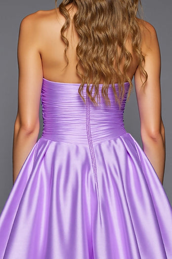 Purple Strapless Satin Short Prom Dress with 3D Flowers