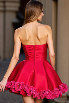 Red Satin Floral Strapless Short Prom Dress