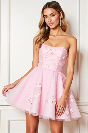 Pink Floral Strapless Tulle Corset Short Prom Dress