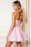 Load image into Gallery viewer, Pink Floral Strapless Tulle Corset Short Prom Dress