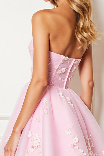 Pink Floral Strapless Tulle Corset Short Prom Dress