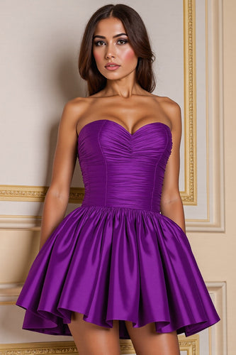 Dark Purple Satin Sweetheart Ruched Short Prom Dress